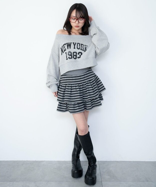 WEGO グラフィックオフショルショートスウェット 杢グレー