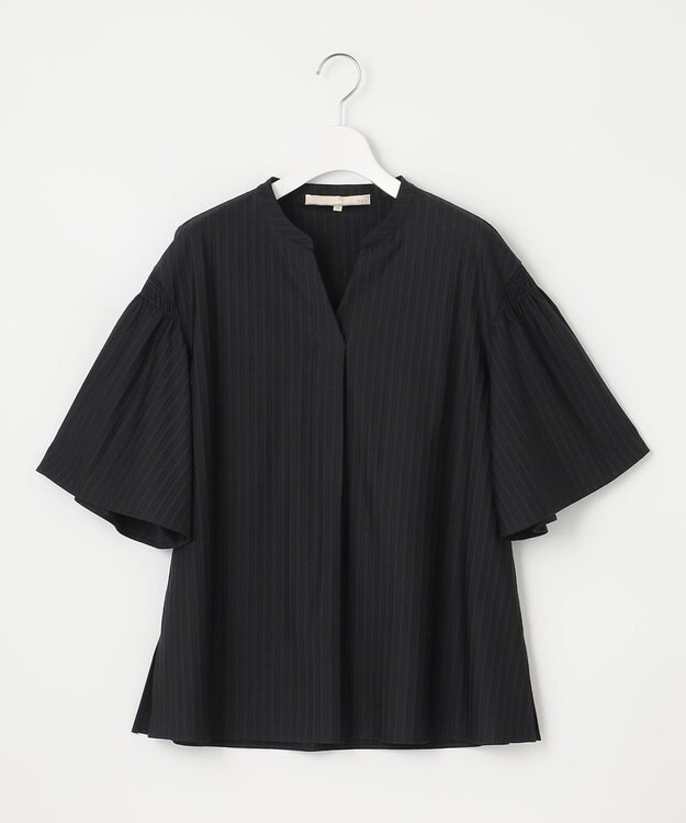 自由区 L 【洗える】ストレッチシャーティング 5分袖 フレアスリーブブラウス ブラック系1