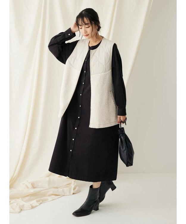 CRAFT STANDARD BOUTIQUE コーデュロイパールドット釦ワンピース Charcoal Gray