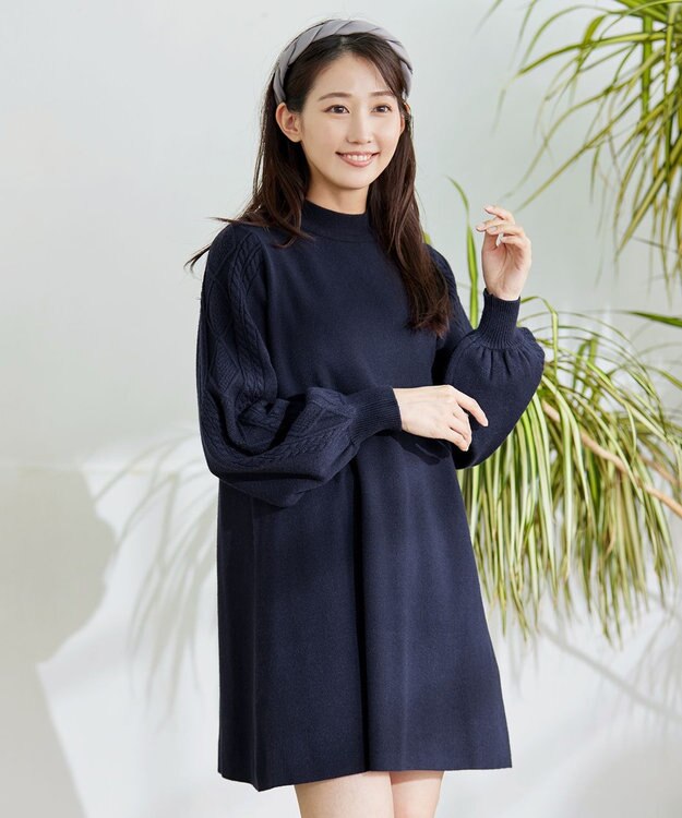Tiaclasse 【洗える】袖ケーブルニットチュニック ネイビー