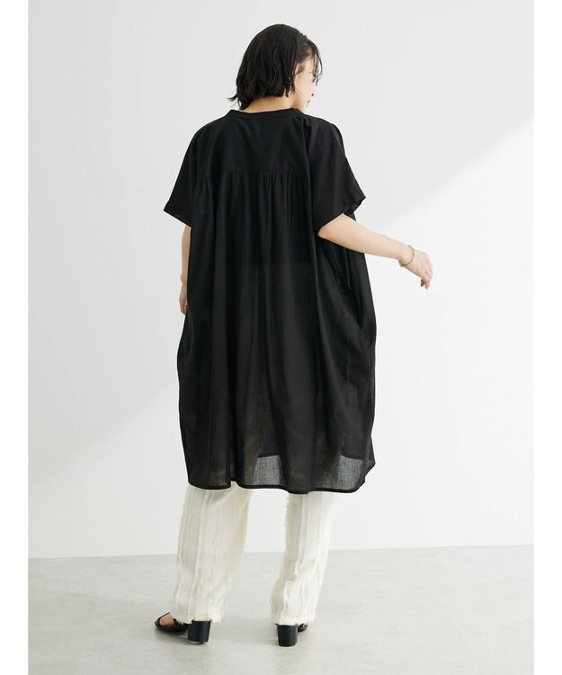 Green Parks インド綿 　ギャザー５分袖チュニック Black