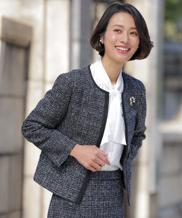 J.PRESS LADIES 【セットアップ対応】ファンシーツイード ノーカラー ジャケット ネイビーミックス系