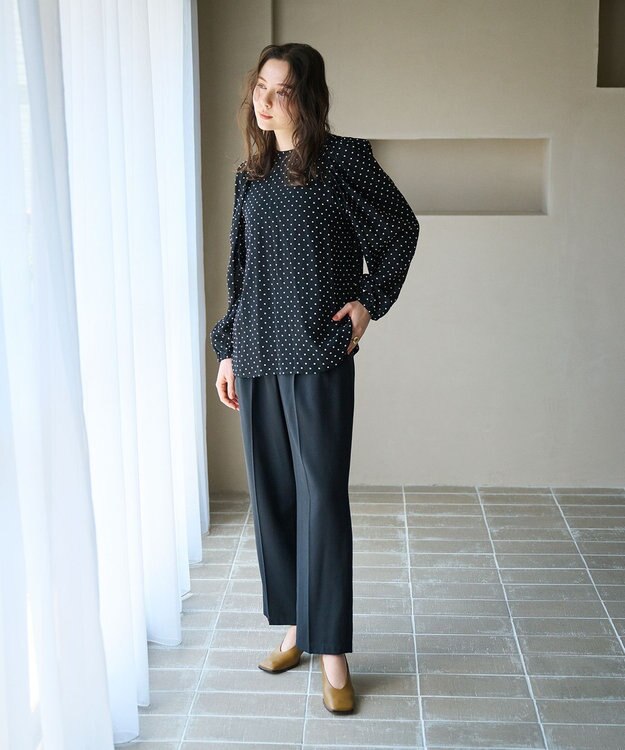 #Newans シアーパフスリーブブラウス ブラック×イエロードット