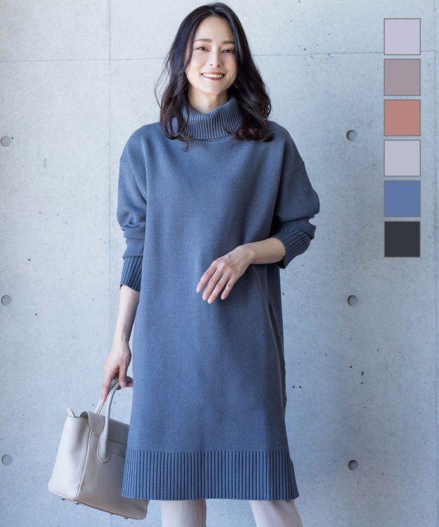 Tiaclasse 【洗える】華のあるニットタートルワンピース ブルー