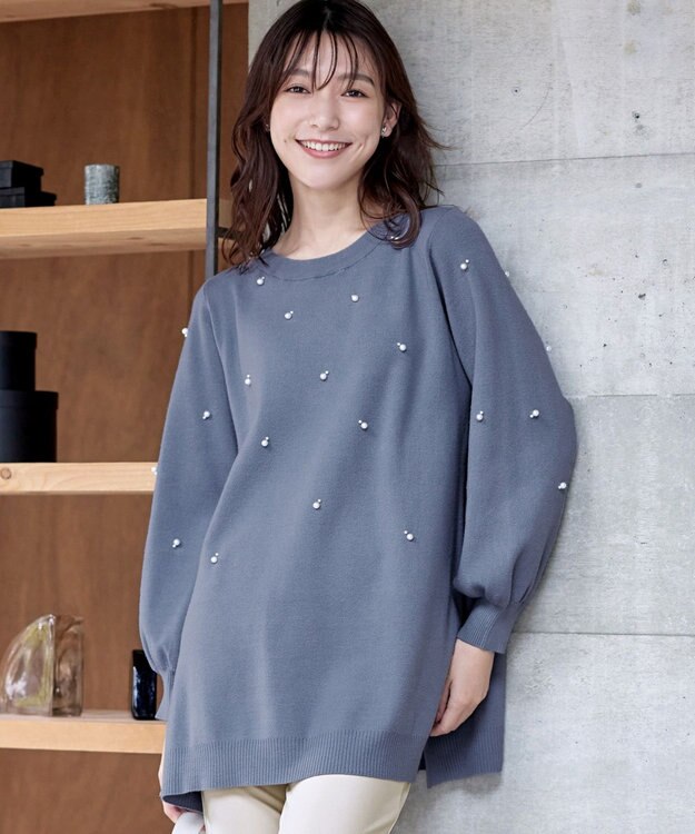 Tiaclasse 【洗える】パール付きニットチュニック ブルー