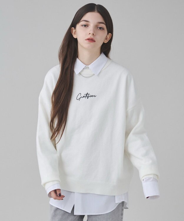 WEGO 【ユニセックス着用ITEM/SMLサイズ展開】アクセ付きワンポイントニットプルオーバー オフホワイト