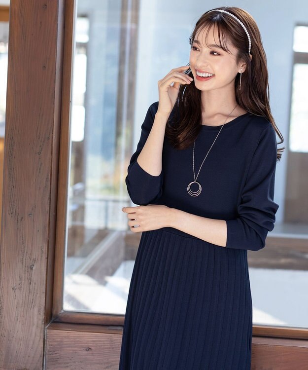 Tiaclasse L 【洗える】1枚で着映えするプリーツニットワンピース ネイビー