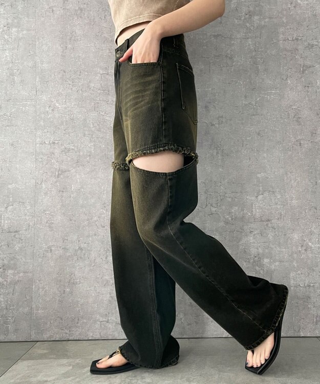 WEGO ヴィンテージウォッシュサイドカットデニムパンツ ブラック