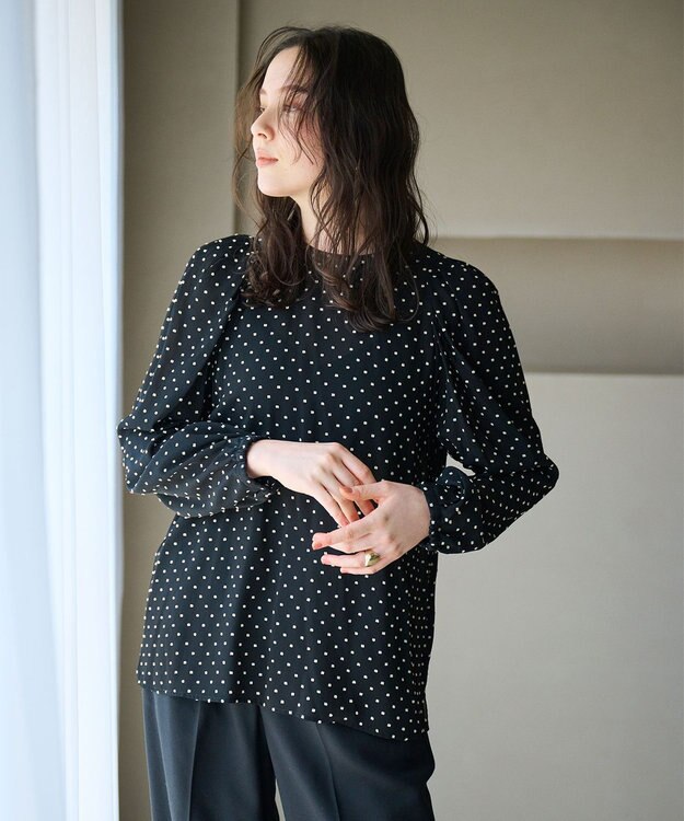 #Newans シアーパフスリーブブラウス ブラック×イエロードット