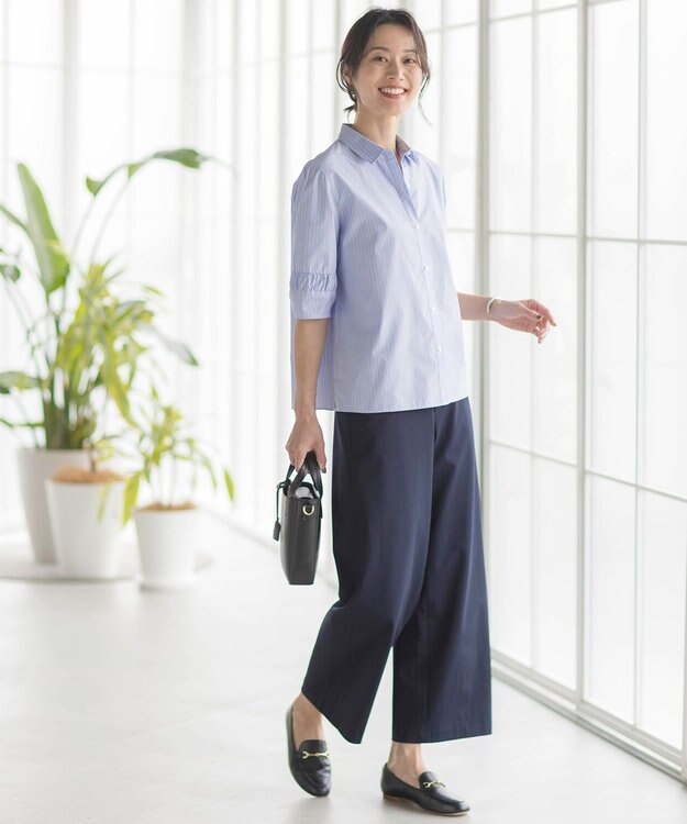 J.PRESS LADIES 【洗える】Betterコットンポリエステル ストライプ シャツカラーブラウス スカイブルー系1