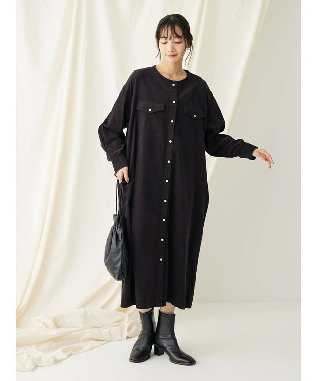 CRAFT STANDARD BOUTIQUE コーデュロイパールドット釦ワンピース Charcoal Gray
