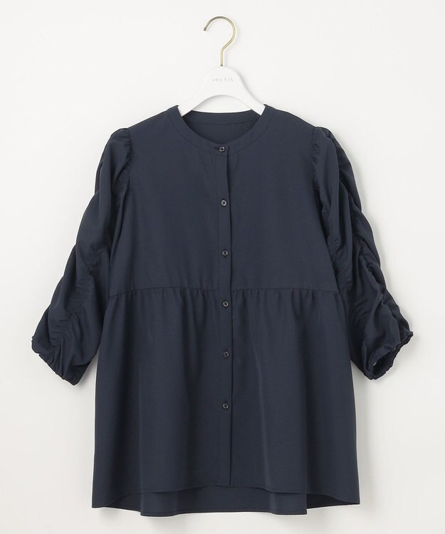 ANY SIS 【洗える】ギャザースリーブ ブラウス ネイビー