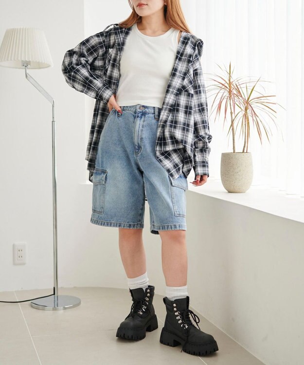 WEGO フードチェックBIGシャツ ブラック