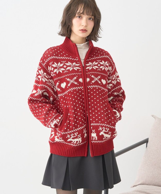 earth music&ecology ダブルzipノルディックカウチンニットカーディガン レッド