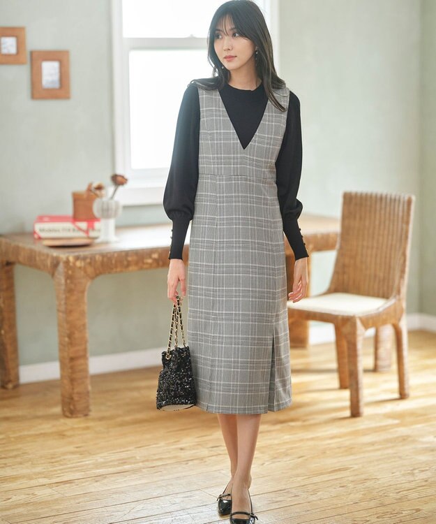 ANY SIS 【2SET】チェック ジャンパースカート× ニット ブラック系3