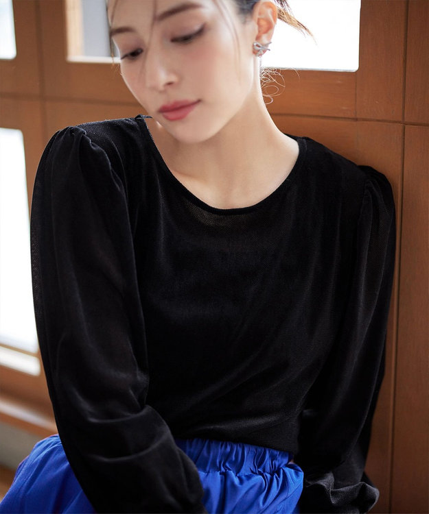 Tiaclasse 【洗える】ベロアチュールカットソートップス ブラック