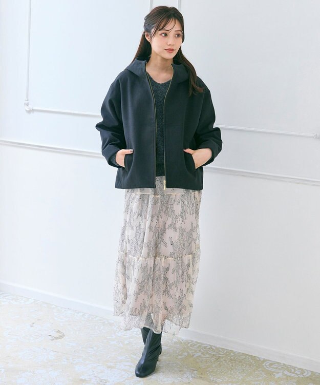 Feroux フード付きコクーンショート コート ブラック系