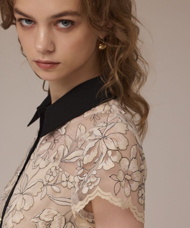 GRACE CONTINENTAL チュールフラワー刺繍ワンピース ベージュ