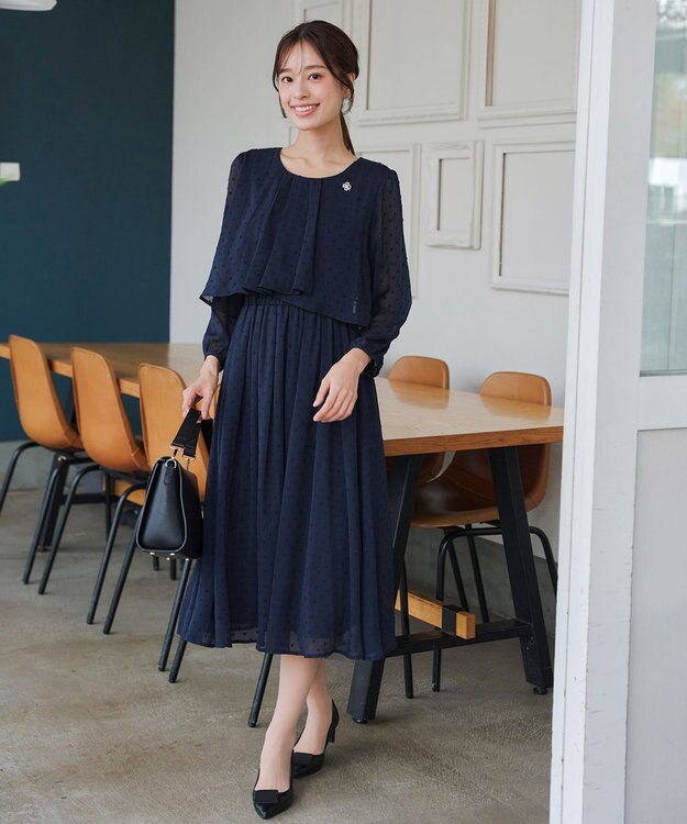 Tiaclasse L 【洗える】シフォンドレープワンピース ネイビー