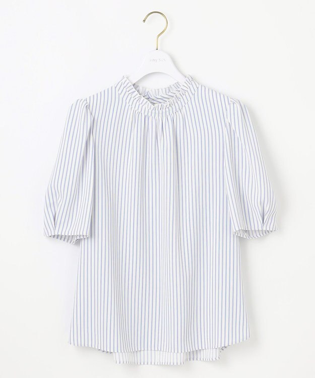 ANY SIS L 【洗える】フリルネックスタンド ブラウス ブルーストライプ
