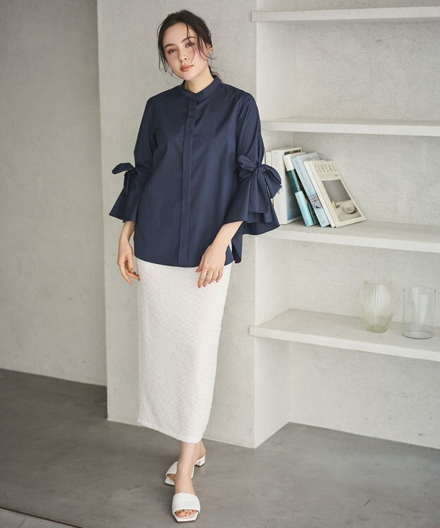 #Newans 【洗濯機可能/シワになりにくい】リボンカフスブラウス ネイビー