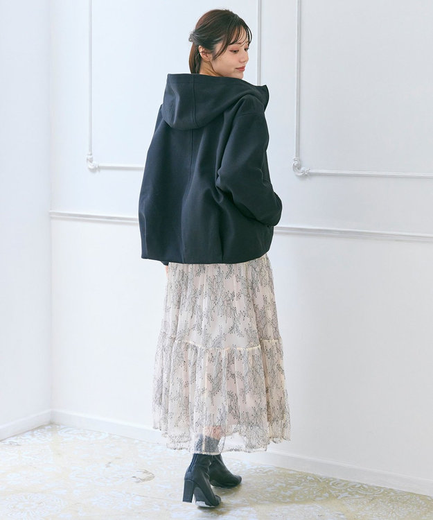 Feroux フード付きコクーンショート コート ブラック系