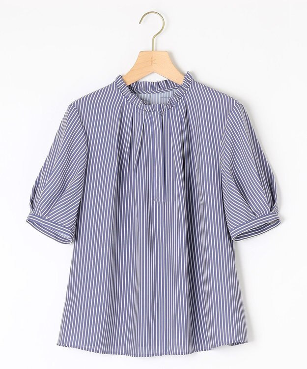 組曲 ライトデシンフリル襟 ブラウス ブルーストライプ系1
