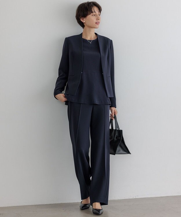 23区 【セットアップ対応/洗える】トリアセダブルジョーゼット ノーカラー ジャケット ネイビー系