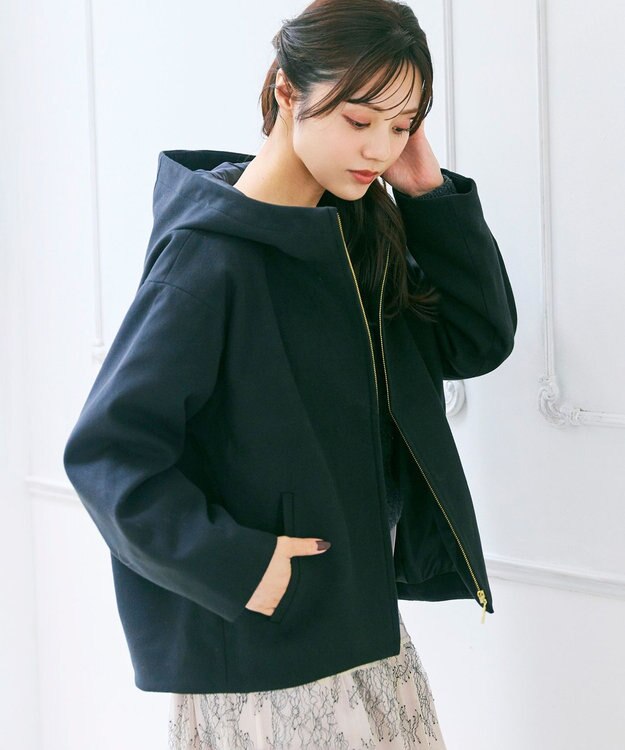 Feroux フード付きコクーンショート コート ブラック系