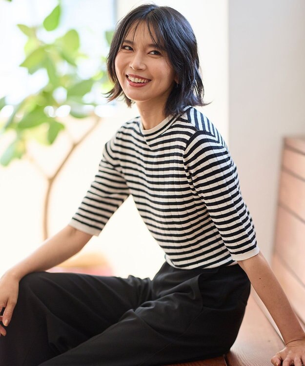 ANY リブボーダーニット オフ×ブラック