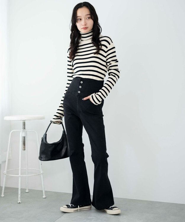 WEGO ハイウエストストレッチフレアデニムパンツ ブラック