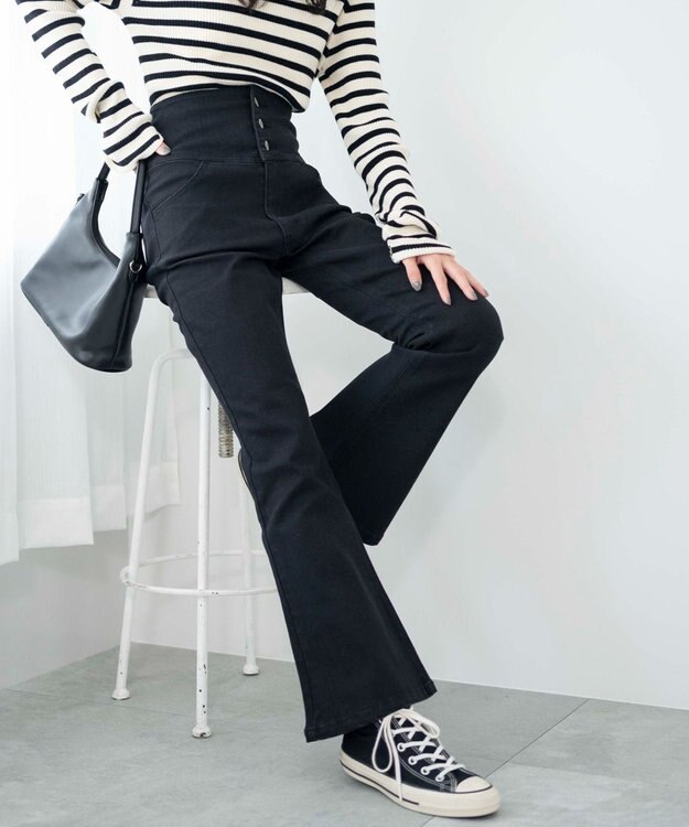 WEGO ハイウエストストレッチフレアデニムパンツ ブラック