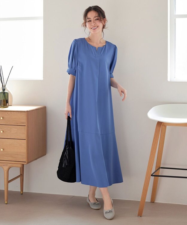 Tiaclasse 【洗える・XSサイズ】裾切替マーメイドフレアワンピース ブルー