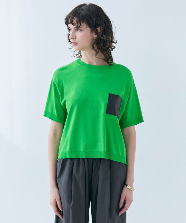 BEIGE， 【洗える】NADIA / レザーポケット付き半袖ニットTシャツ Green