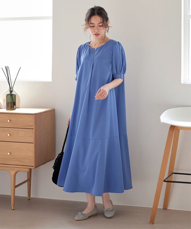 Tiaclasse 【洗える・XSサイズ】裾切替マーメイドフレアワンピース ブルー