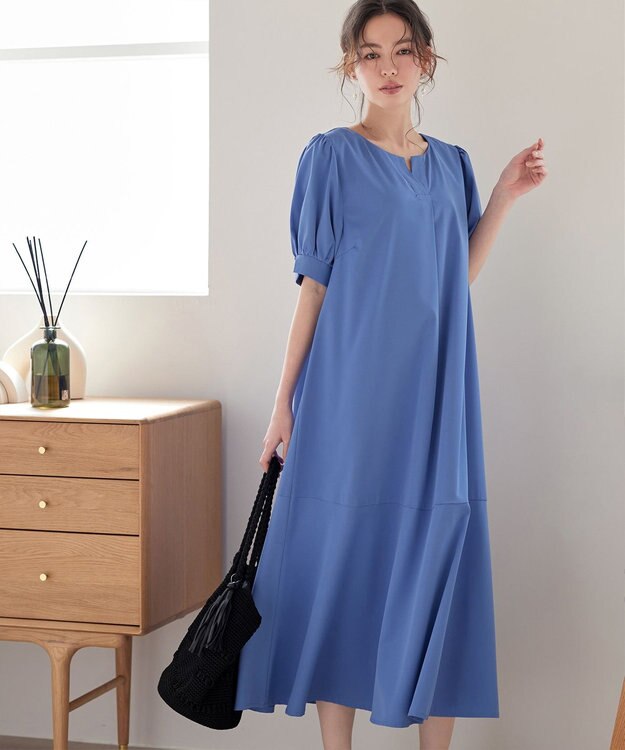 Tiaclasse 【洗える・XSサイズ】裾切替マーメイドフレアワンピース ブルー