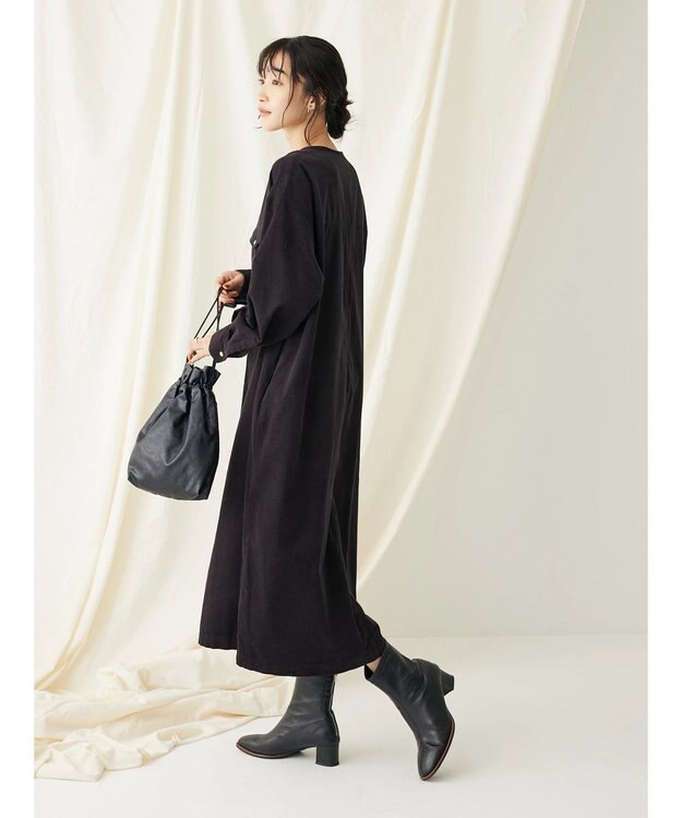 CRAFT STANDARD BOUTIQUE コーデュロイパールドット釦ワンピース Charcoal Gray