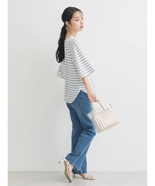 earth music&ecology 襟レースボーダーポンチョ Sax