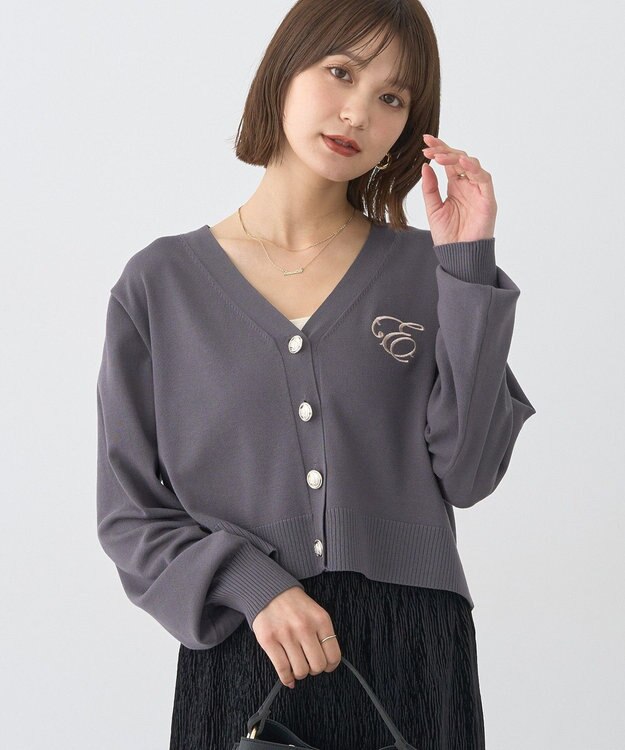 earth music&ecology ロゴ刺繍カーディガン Charcoal Gray