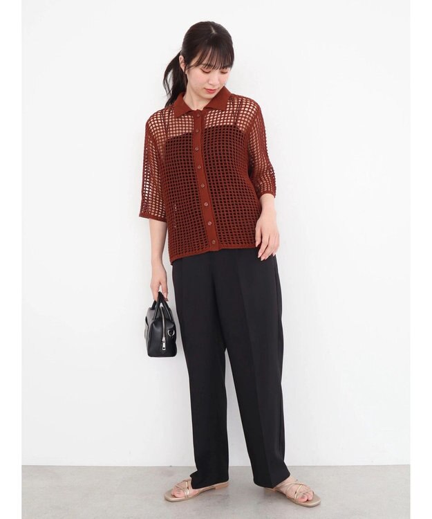 Green Parks メッシュ編み襟付きカーディガン Terracotta