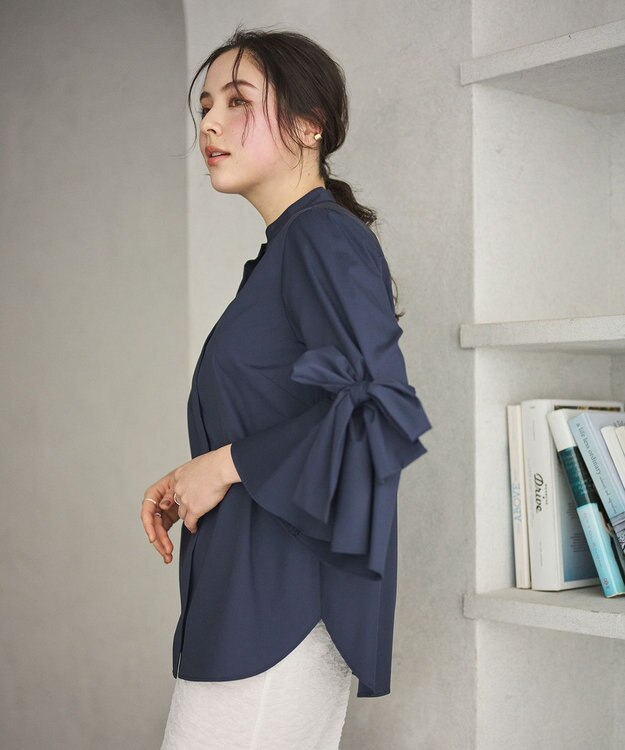 #Newans 【洗濯機可能/シワになりにくい】リボンカフスブラウス ネイビー