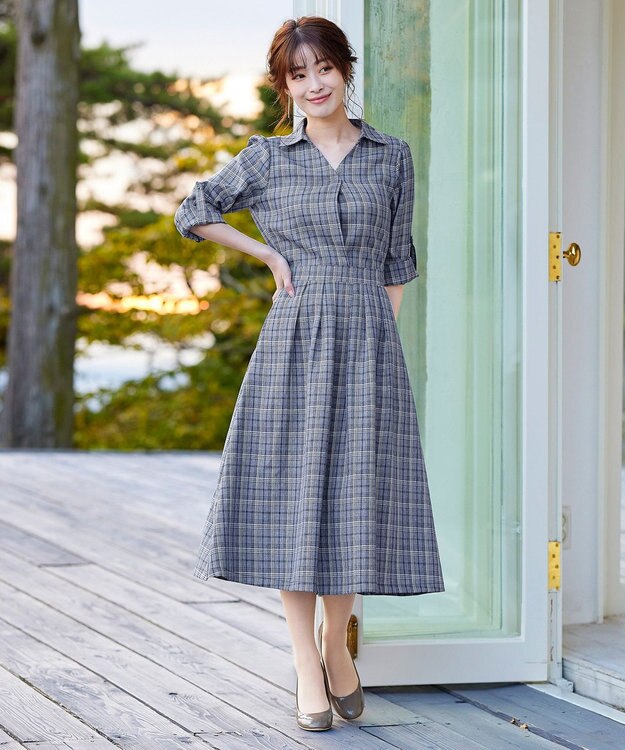 Tiaclasse L 【洗える】小顔効果も期待できるスキッパーシャツワンピース ネイビーチェック