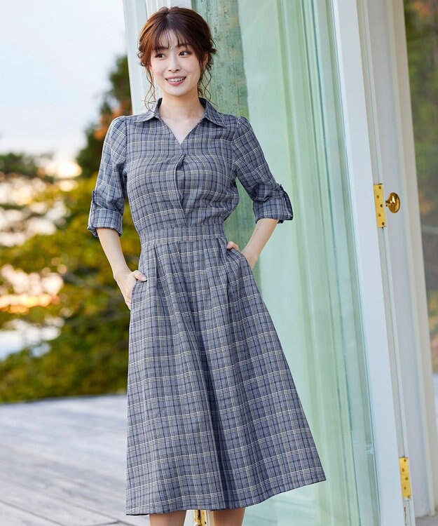 Tiaclasse L 【洗える】小顔効果も期待できるスキッパーシャツワンピース ネイビーチェック