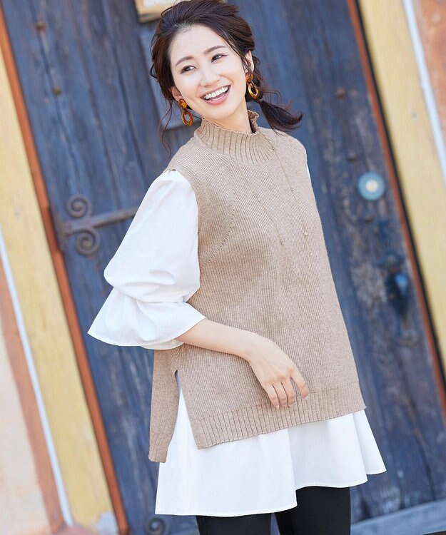 Tiaclasse L 【洗える】着回し自在のニットベスト＆フレア袖チュニックセット ベージュ