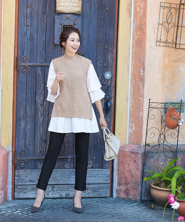 Tiaclasse L 【洗える】着回し自在のニットベスト＆フレア袖チュニックセット ベージュ