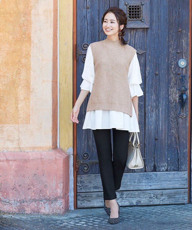 Tiaclasse L 【洗える】着回し自在のニットベスト＆フレア袖チュニックセット ベージュ