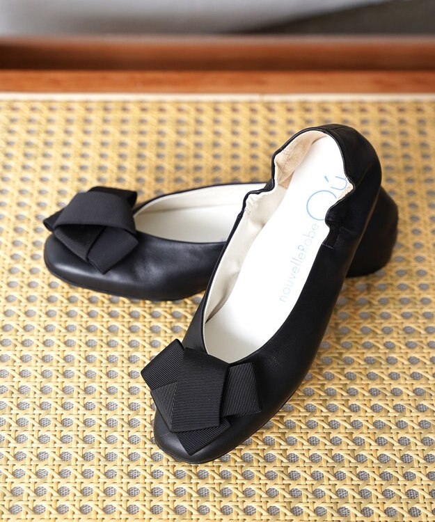 nouvelleRobe Oū サイズ追加【本革・高反発】Big Ribbon スクエアトゥ パンプス ブラック系