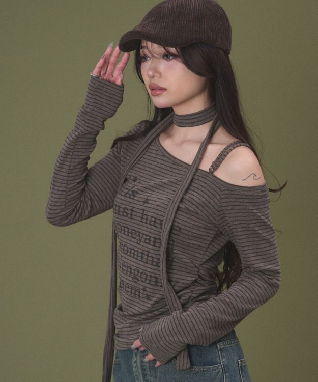 WEGO チョーカー付きボーダーロゴトップ ブラウン