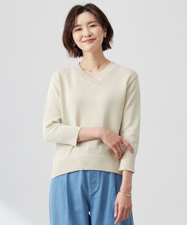 J.PRESS LADIES 【洗える】GIMA COTTON ミックスカラー Vネック ニット イエローMIX系