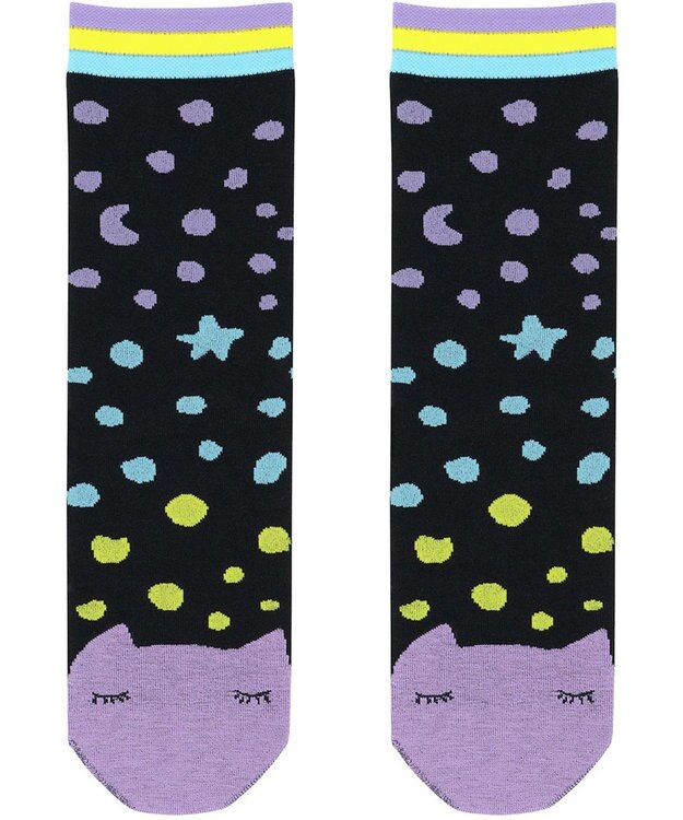 tsumori chisato SLEEP ソックス　星柄・ドット柄　ネコ顔　/ワコール　UEY516 ブラック